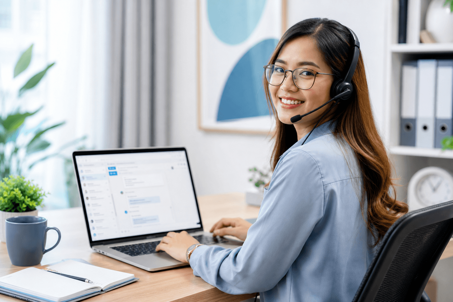 A woman with glasses wearing a headset while managing customer messages in a bright office.