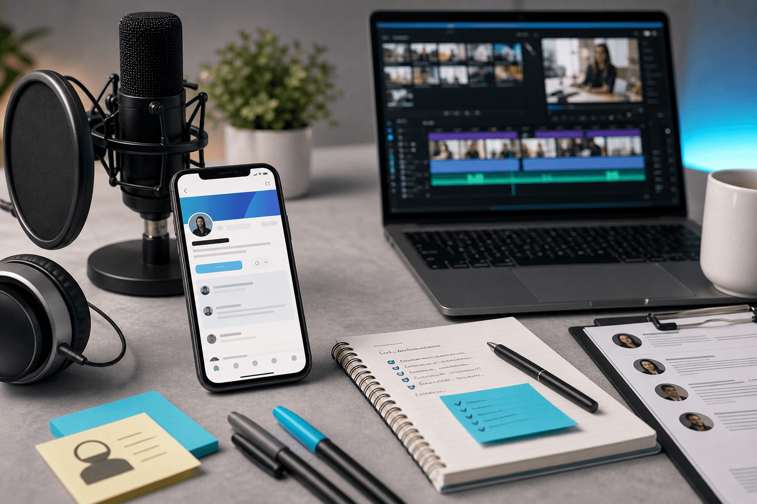 A podcast workspace with a microphone, smartphone profile screen, headphones, and video editing laptop.