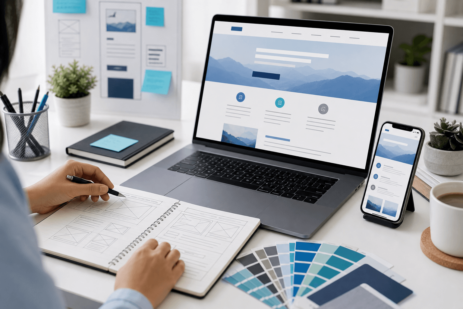 A laptop and smartphone showing a clean business website layout beside wireframe sketches and color swatches.